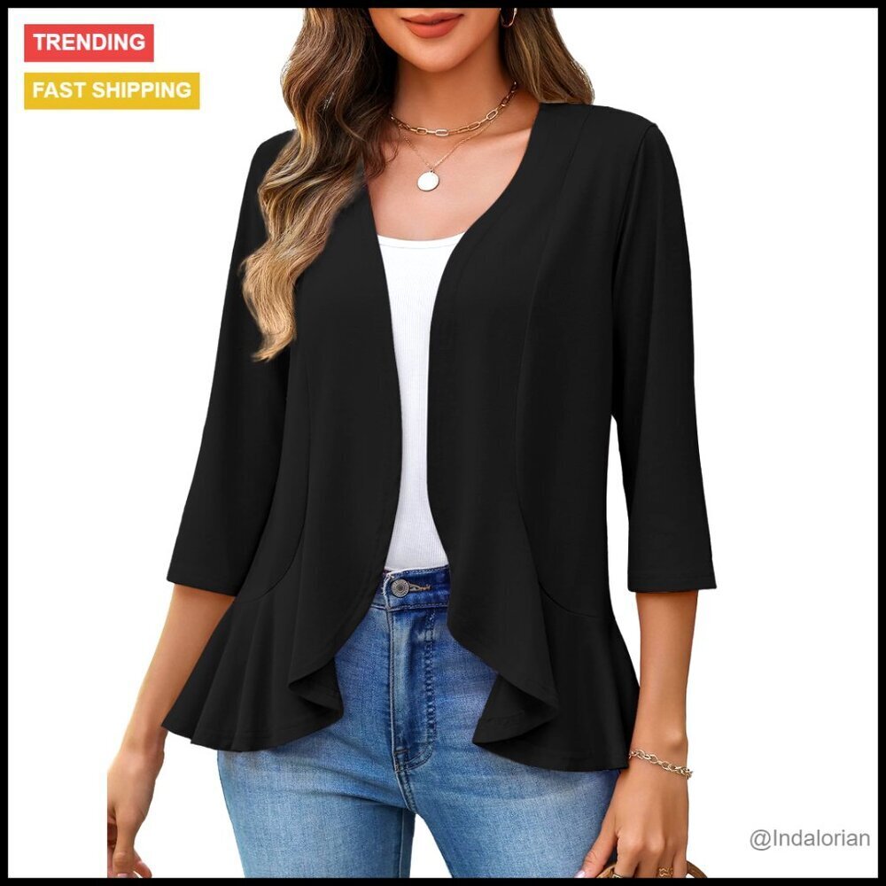 Lightweight Cardigan Open Front Draped Ruffles 3/4 Sleeve Kimono Coverup